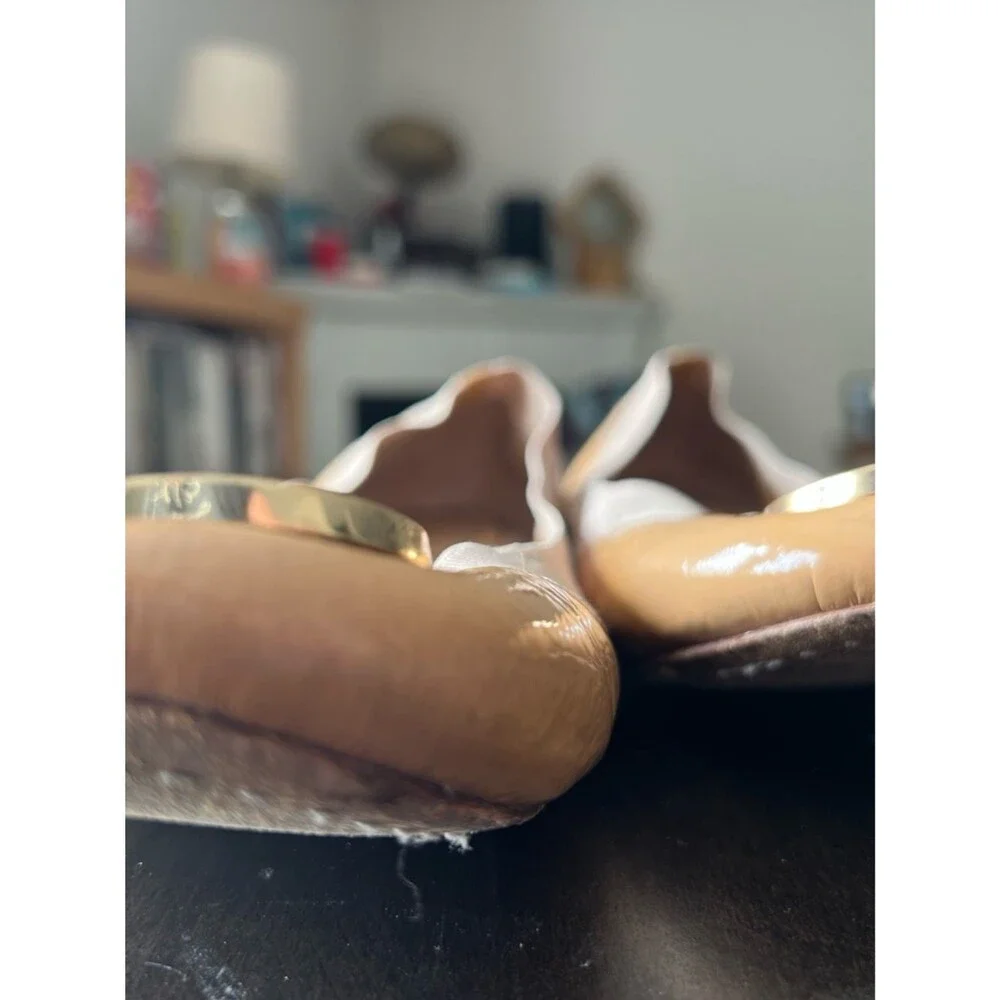 Tory Burch Tan Patent Leather Logo Ballet Flats Clair Elastic
